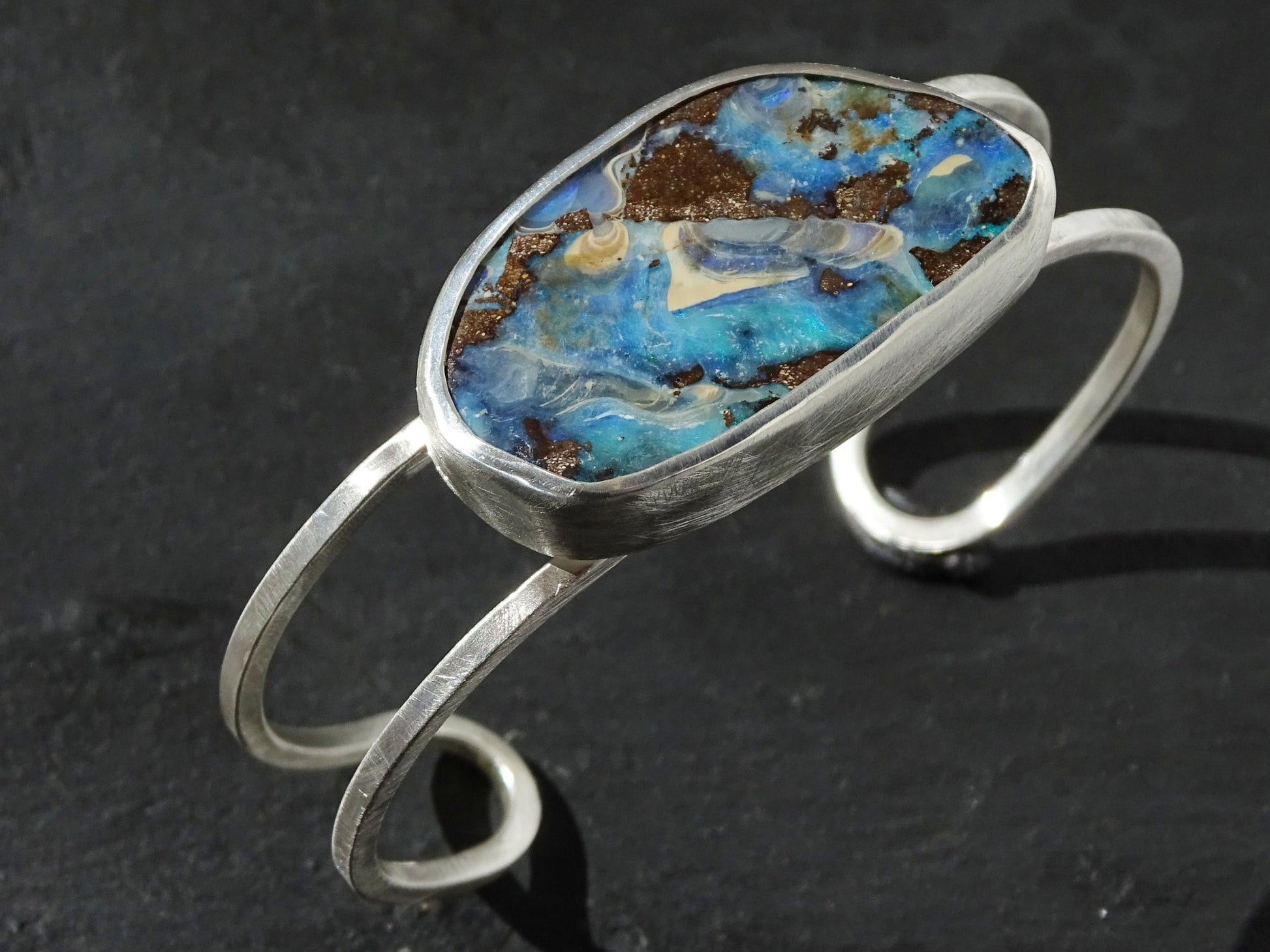 large Australian boulder opal cuff bracelet in sterling silver
