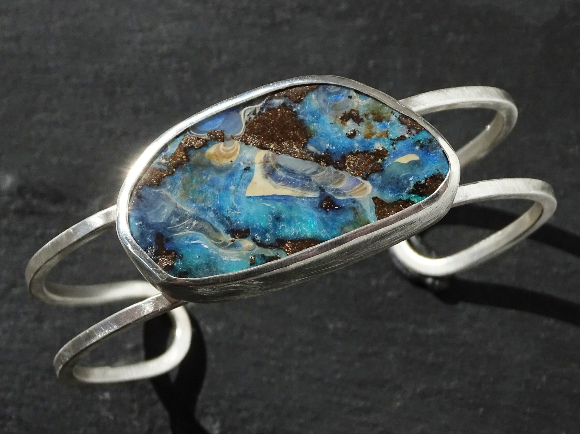 large Australian boulder opal cuff bracelet in sterling silver