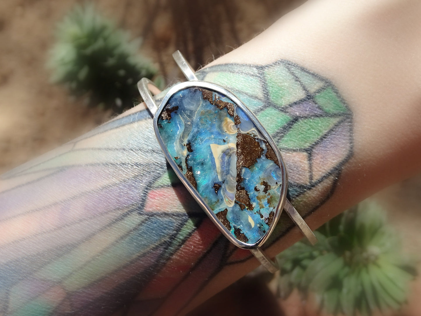 large Australian boulder opal cuff bracelet in sterling silver