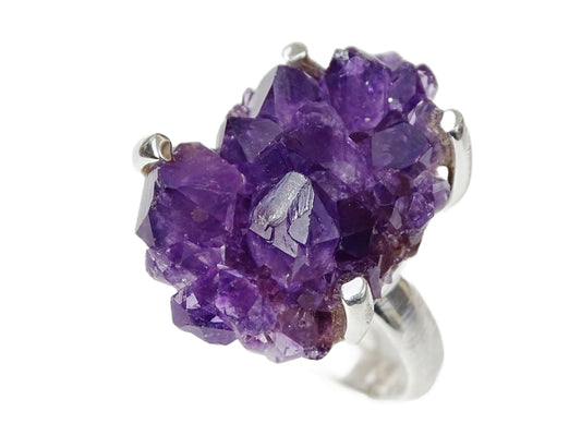Sterling silver ring with raw purple amethyst crystal cluster in a minimalist prong setting, size US 6.