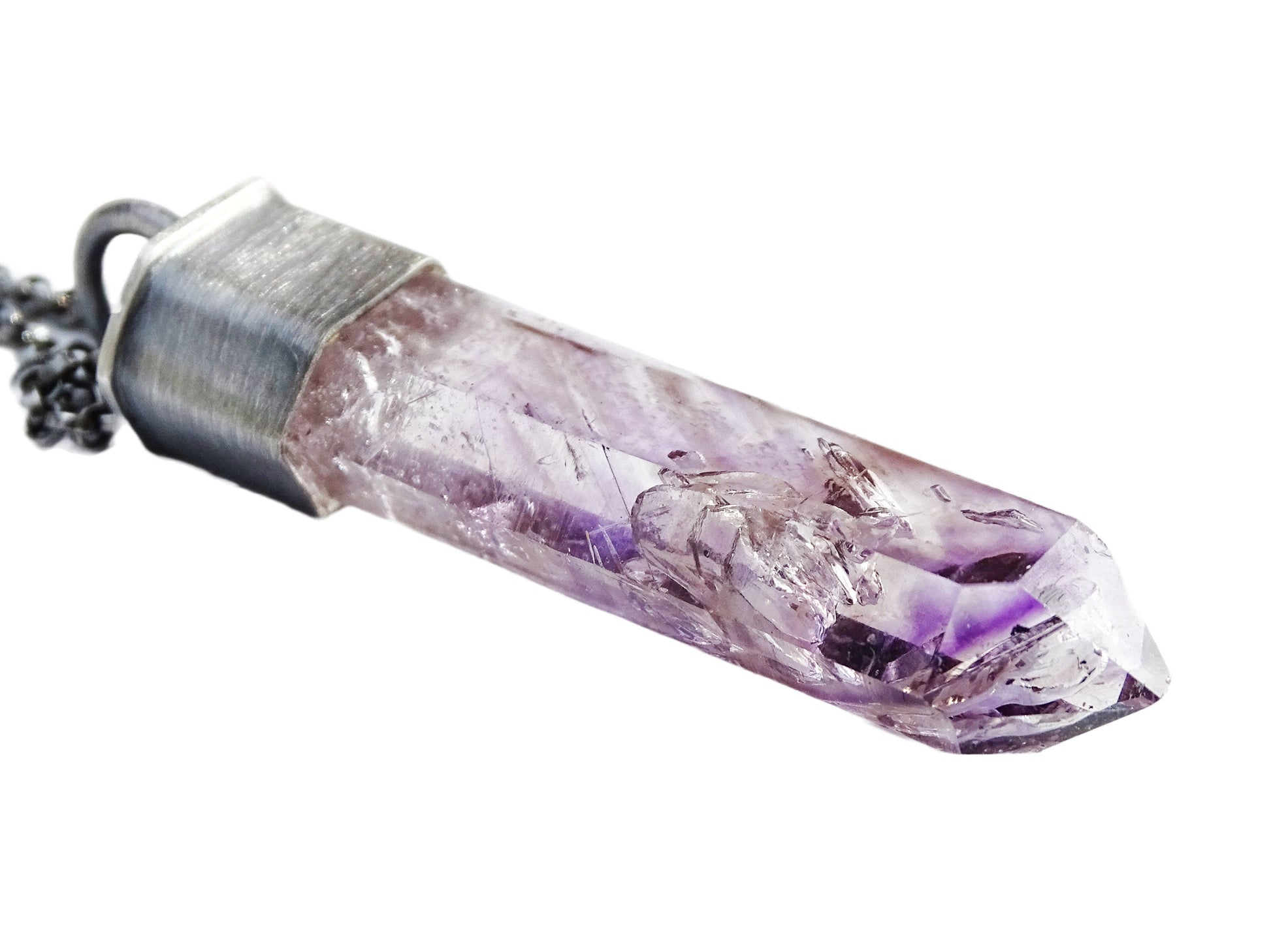 Brandberg amethyst crystal pendant set in black oxidized sterling silver with natural purple and clear quartz facets