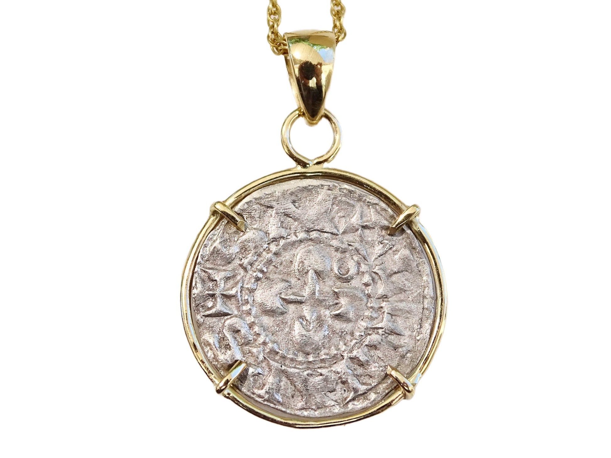 Crusader silver coin pendant set in minimalist 14k gold with medieval cross design