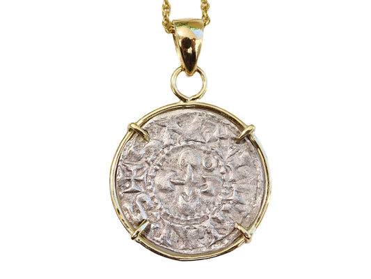 Crusader silver coin pendant set in minimalist 14k gold with medieval cross design