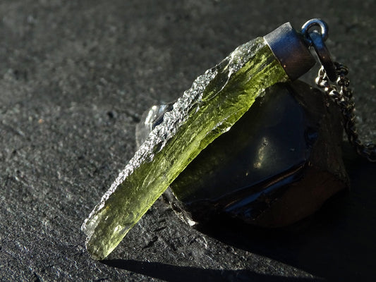 Moldavite pendant black silver, meteorite glass necklace, Moldavite necklace silver, real meteorite necklace, green crystal necklace for him - CrazyAss Jewelry Designs