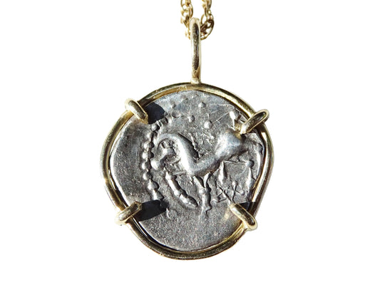 Bituriges Cubi Celtic silver coin pendant in 14k gold with prancing horse design and antique patina