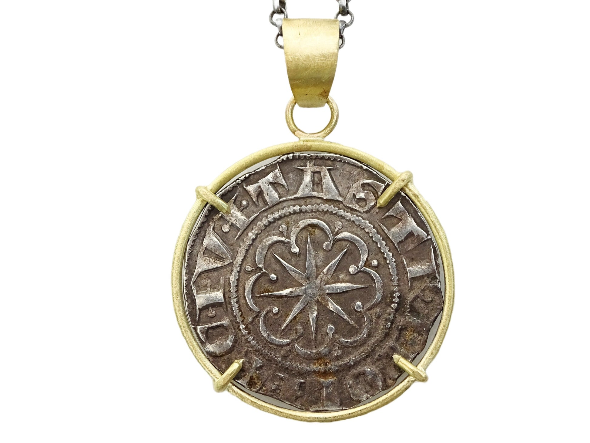 Templar coin pendant set in 18k gold with ancient Crusader silver coin and black sterling silver chain