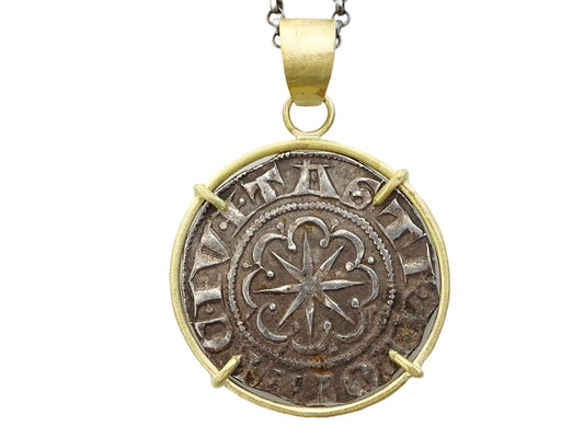 Templar coin pendant set in 18k gold with ancient Crusader silver coin and black sterling silver chain