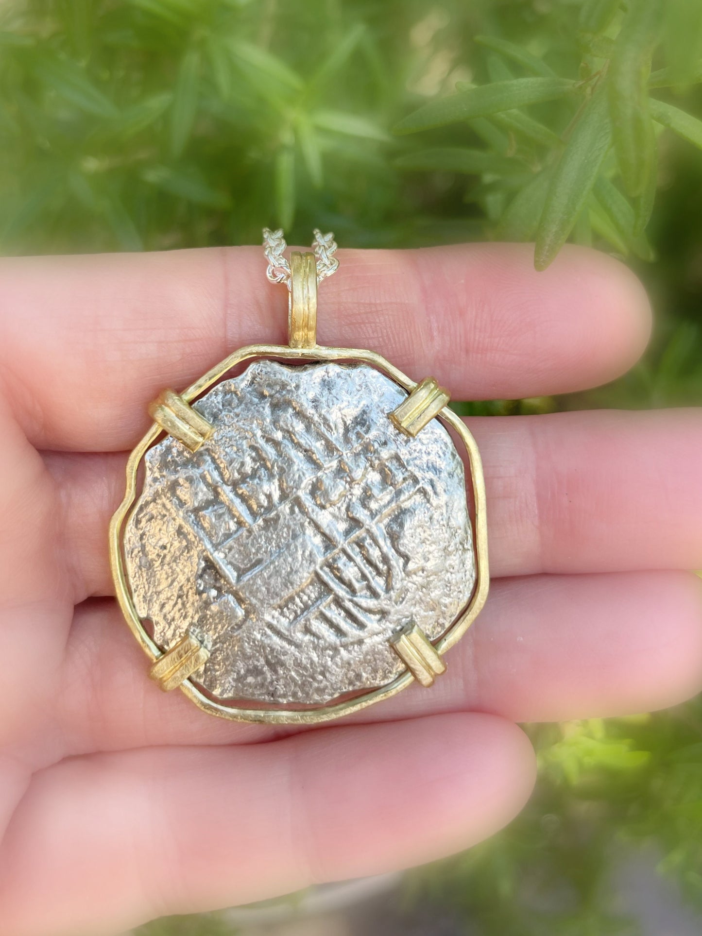 genuine Atocha shipwreck silver coin in 18k gold setting - CrazyAss Jewelry Designs
