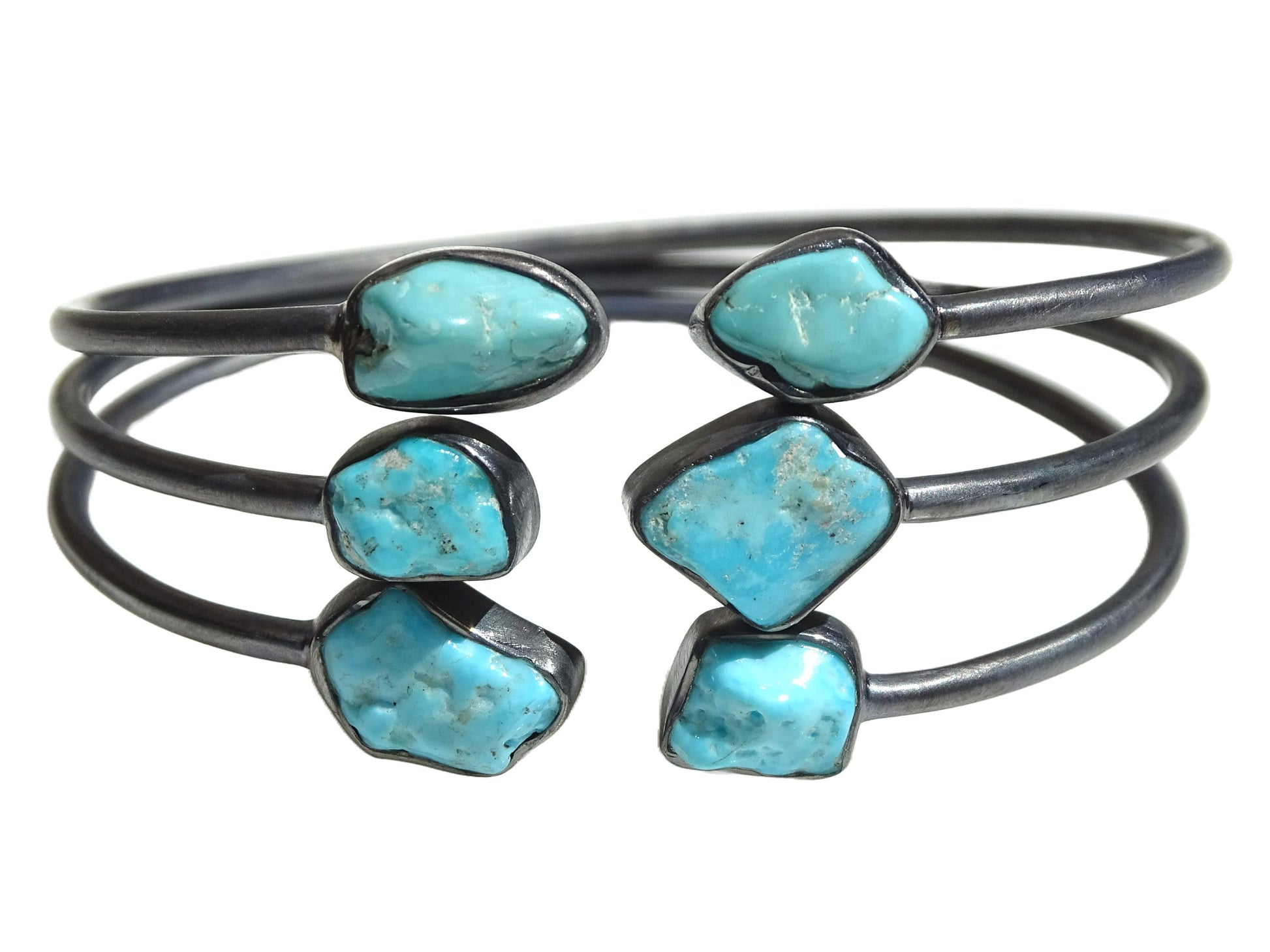 Black oxidized sterling silver cuff bracelet with dainty turquoise stones, minimalist stacking birthstone jewelry