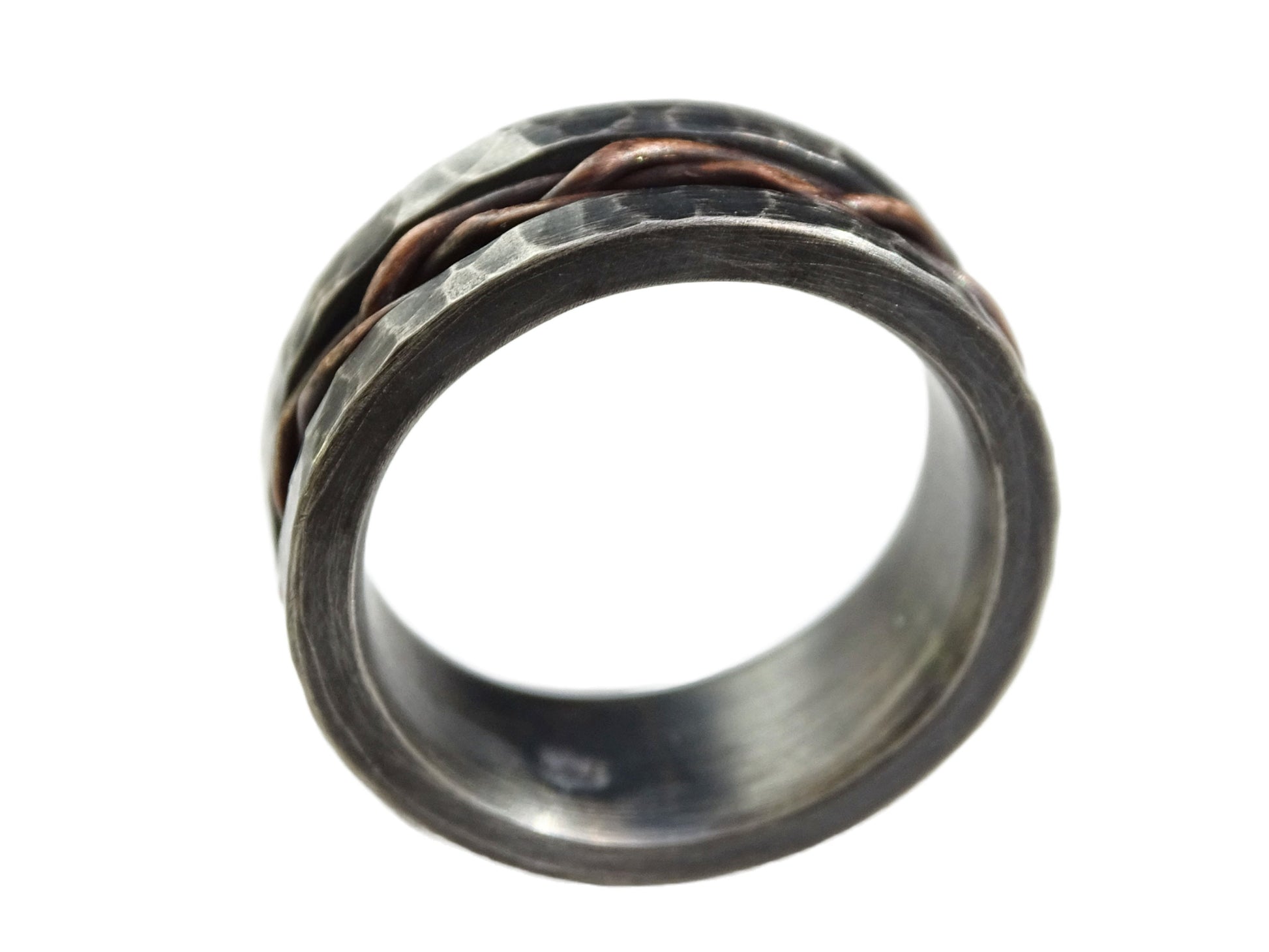 braided men's wedding ring hand woven copper inlay silver band