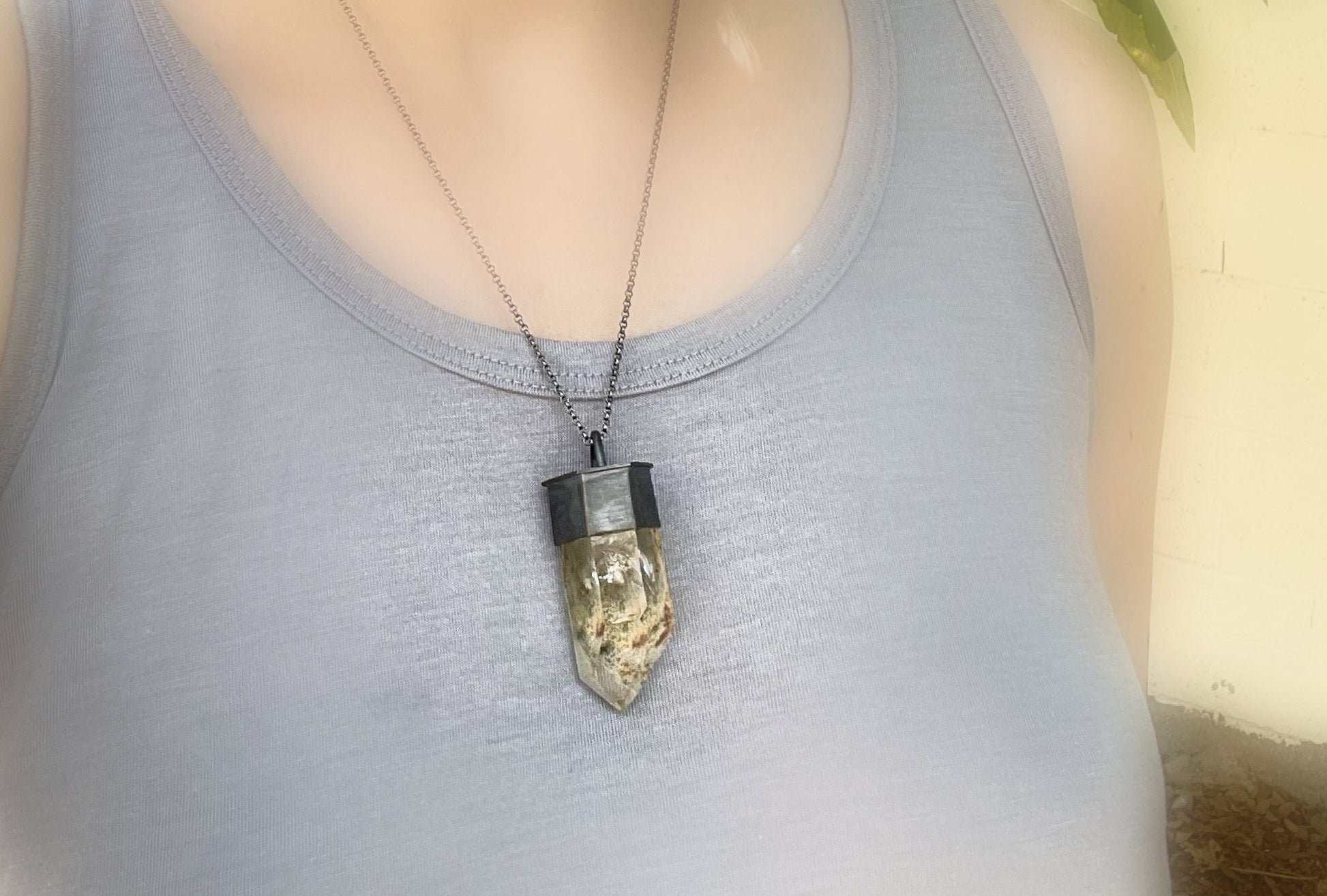 large garden quartz necklace in black silver, inclusion quartz crystal necklace, lodolite crystal jewelry, handmade men's jewelry - CrazyAss Jewelry Designs