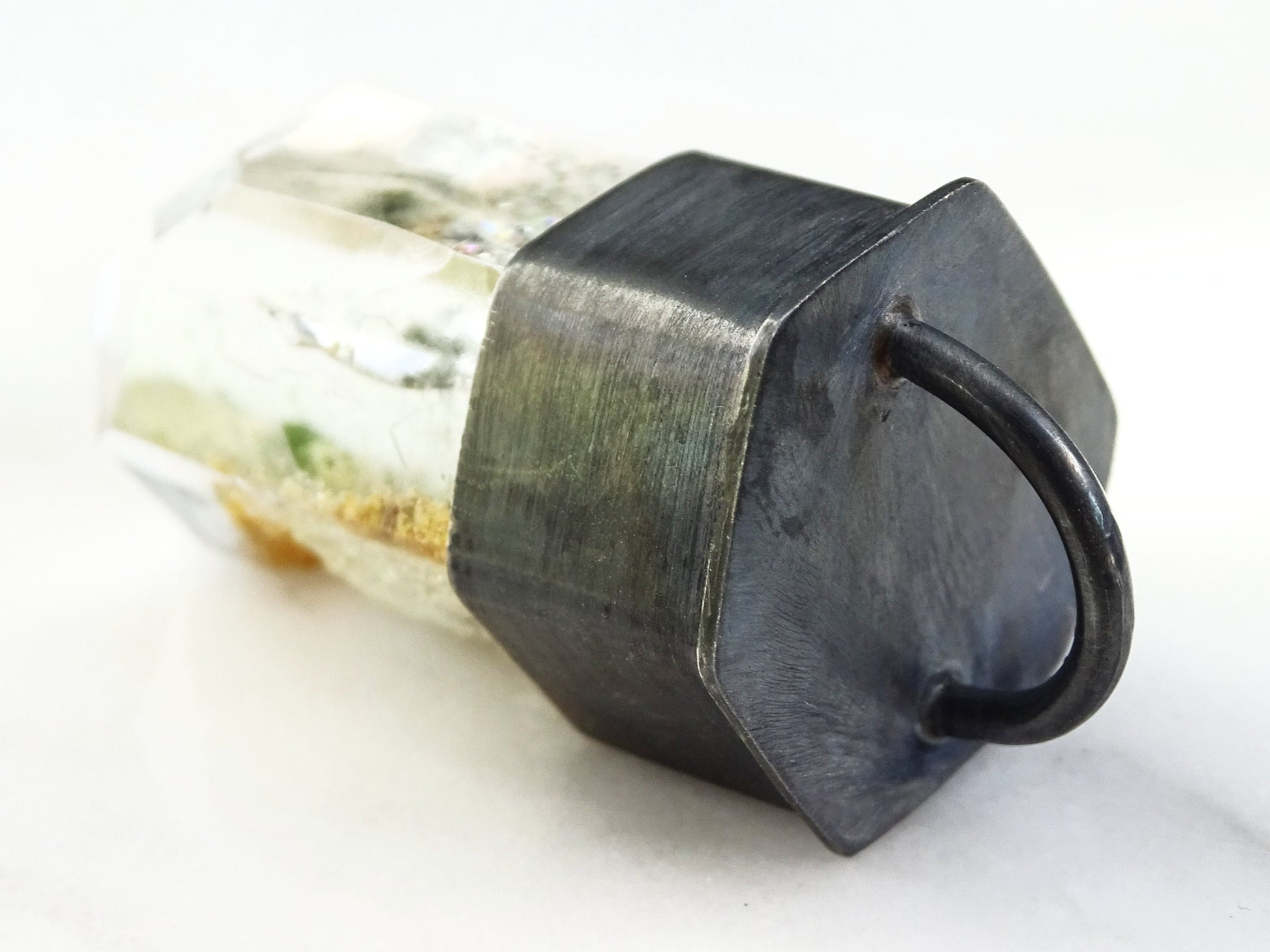 large garden quartz necklace in black silver, inclusion quartz crystal necklace, lodolite crystal jewelry, handmade men's jewelry - CrazyAss Jewelry Designs