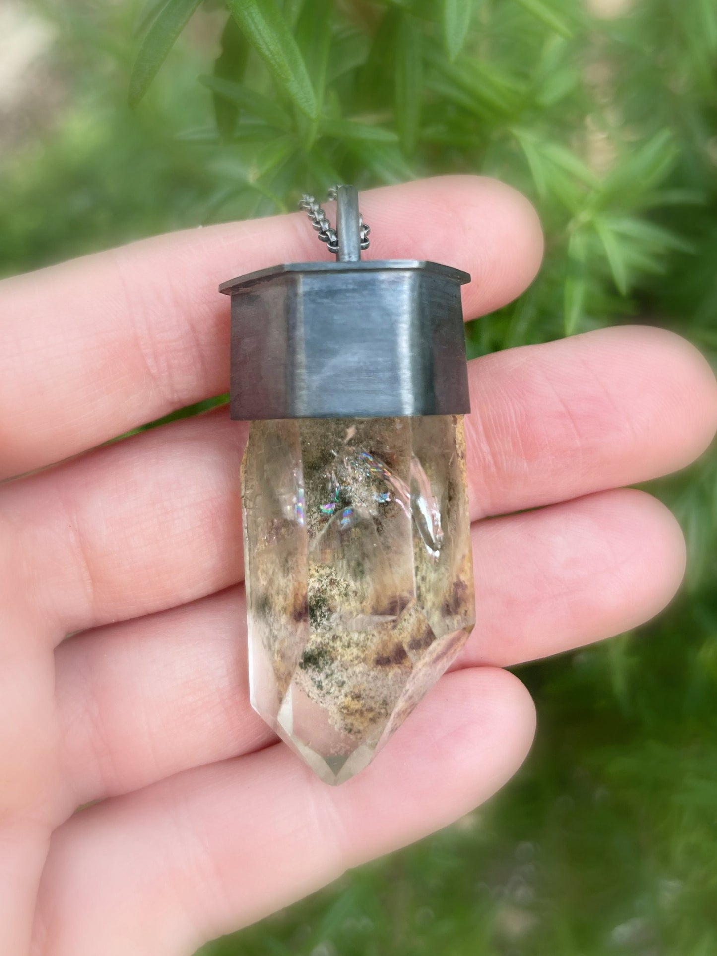 large garden quartz necklace in black silver, inclusion quartz crystal necklace, lodolite crystal jewelry, handmade men's jewelry - CrazyAss Jewelry Designs