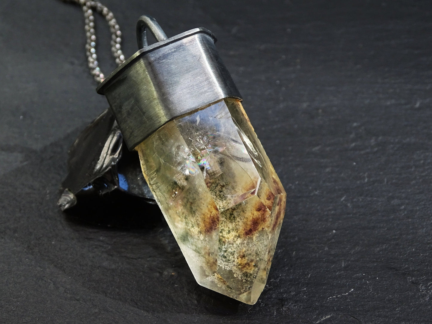 Natural inclusion quartz necklace with black sterling silver setting and chain