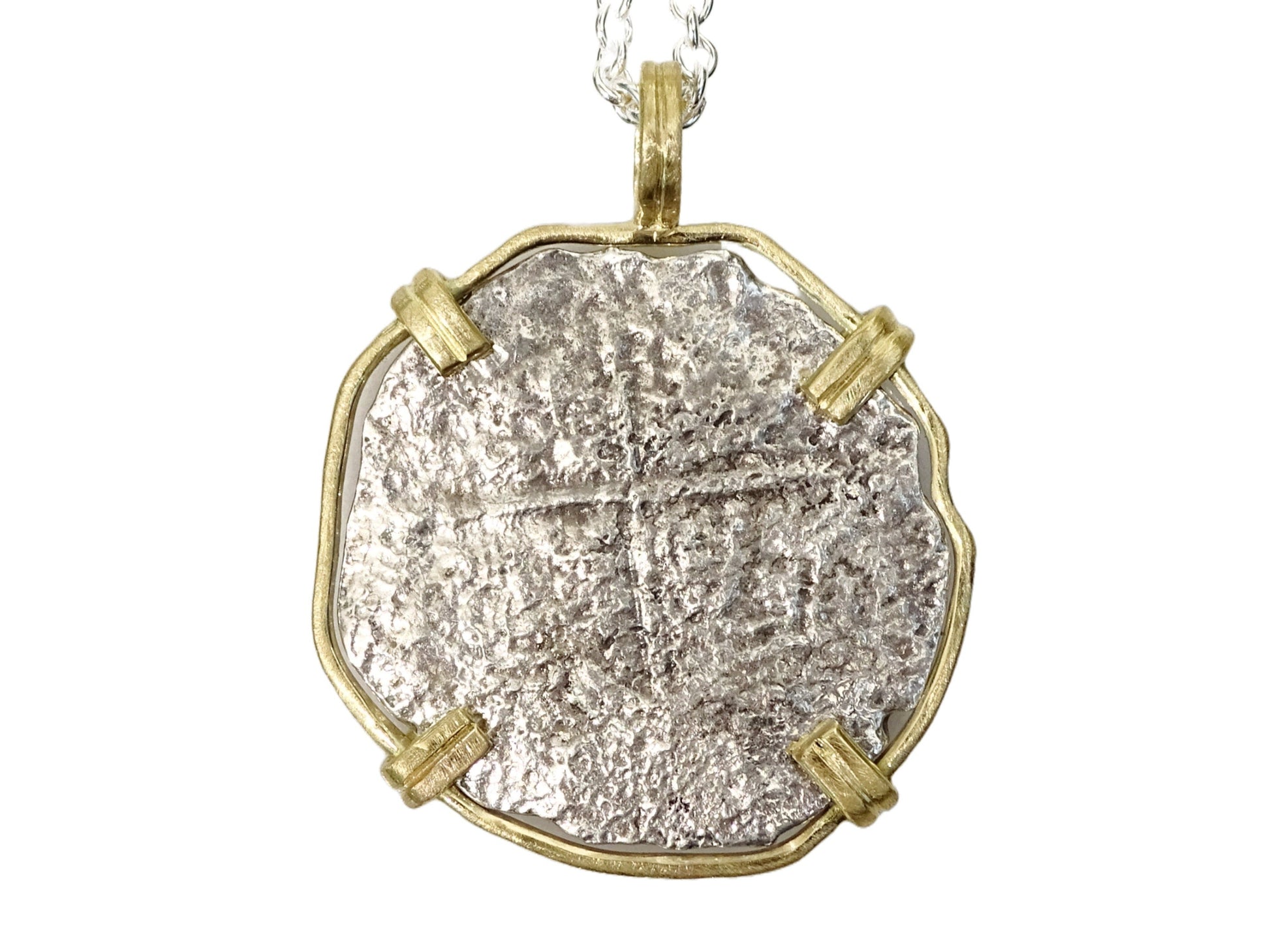 genuine Atocha shipwreck silver coin pendant set in handcrafted 18k yellow gold with sterling silver chain