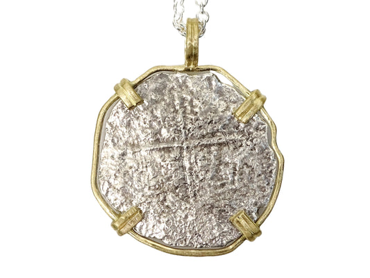 genuine Atocha shipwreck silver coin pendant set in handcrafted 18k yellow gold with sterling silver chain