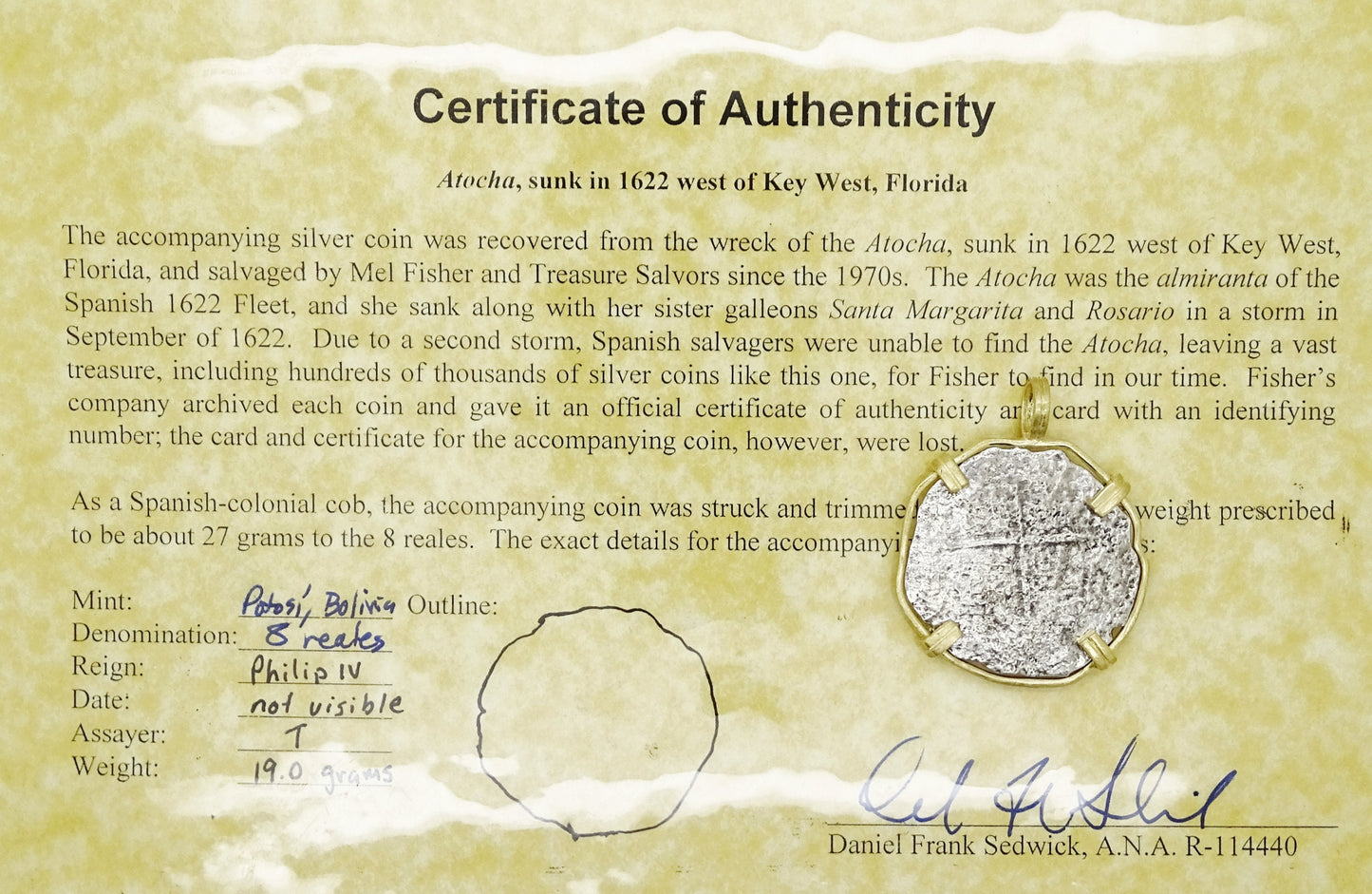 genuine Atocha shipwreck silver coin in 18k gold setting - CrazyAss Jewelry Designs