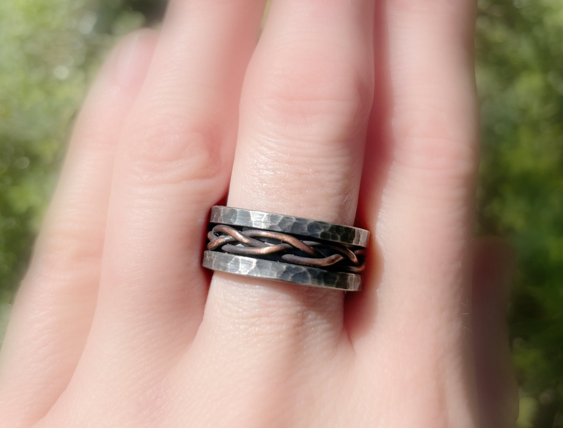 braided men's wedding ring hand woven copper inlay silver band