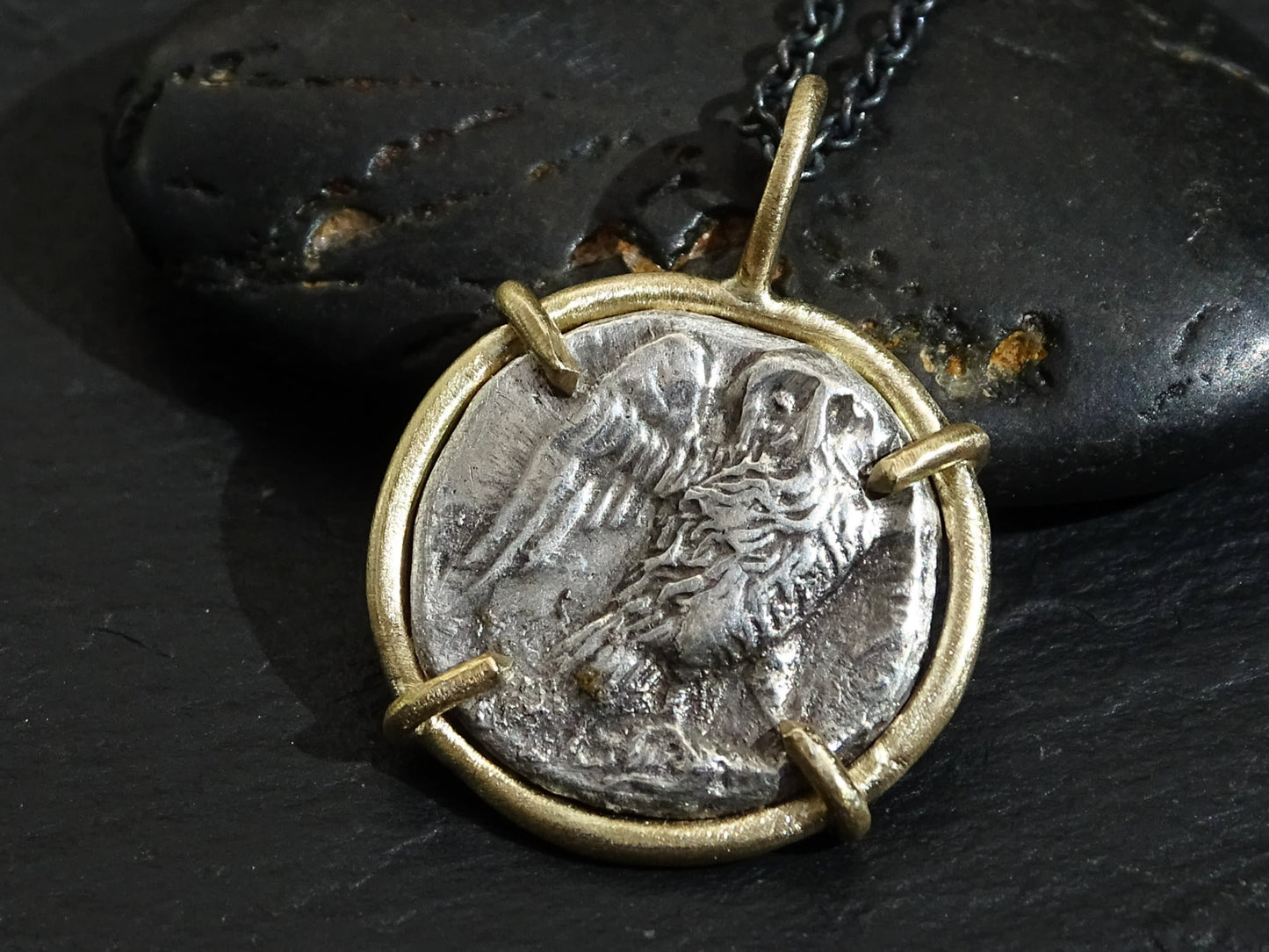 Silver Owl of Athena drachm coin pendant set in 14k yellow gold with black sterling silver chain