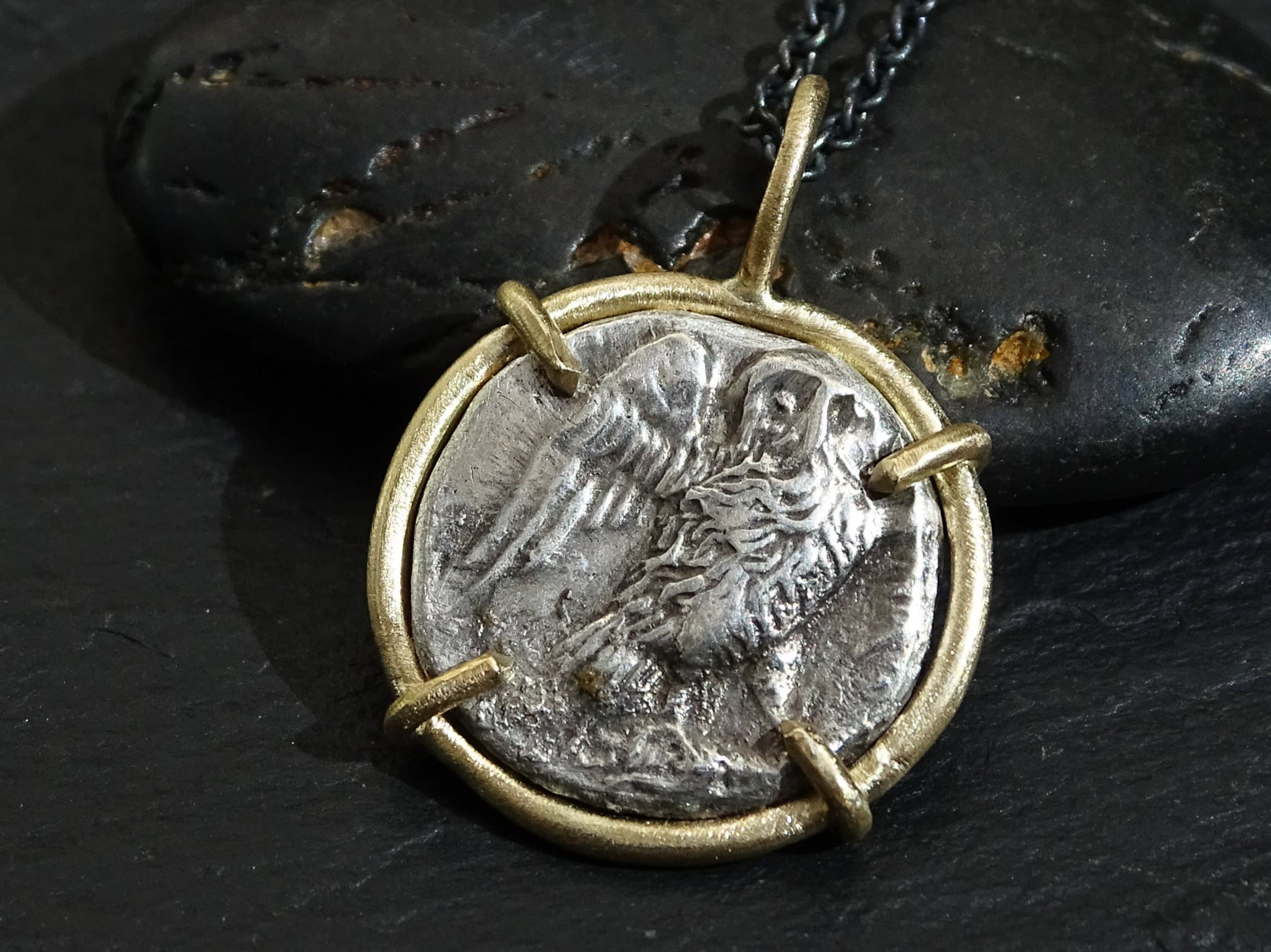 Silver Owl of Athena drachm coin pendant set in 14k yellow gold with black sterling silver chain