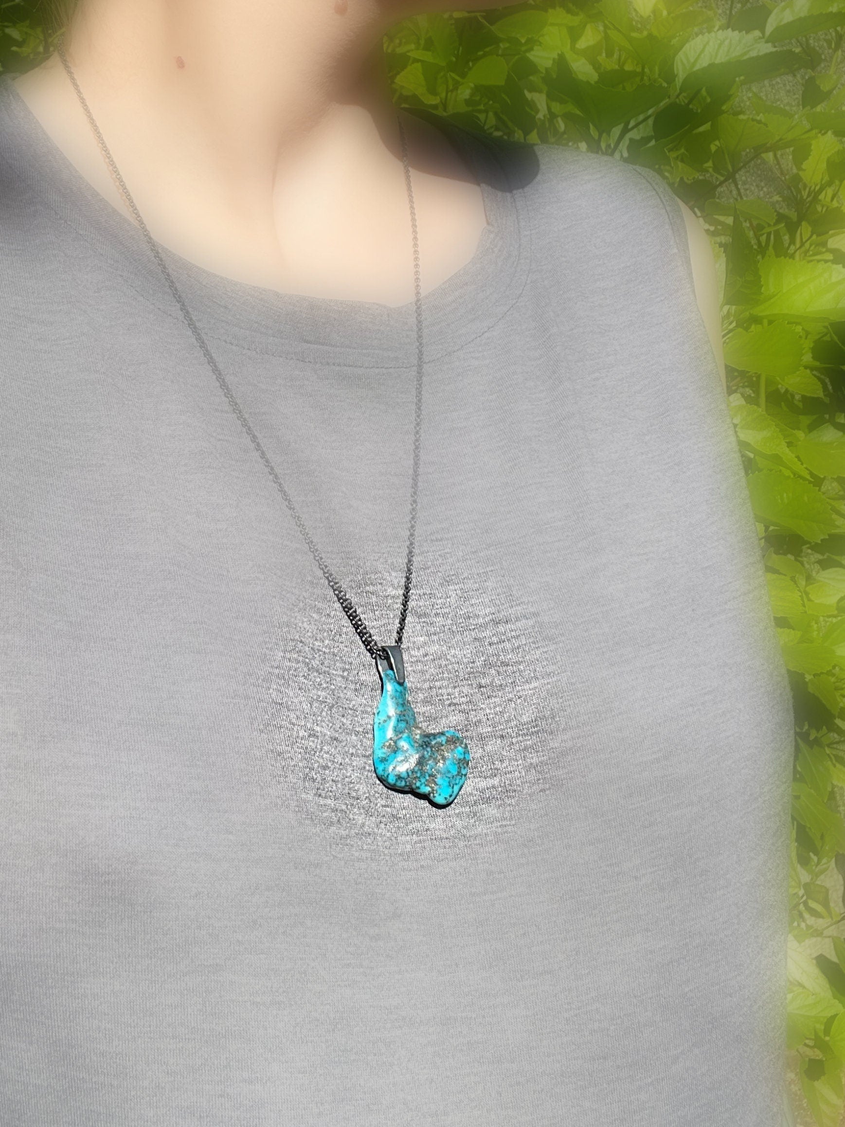 real Bisbee turquoise nugget pendant, rare turquoise pyrite pendant black silver, raw turquoise men's necklace, unique gift for him - CrazyAss Jewelry Designs