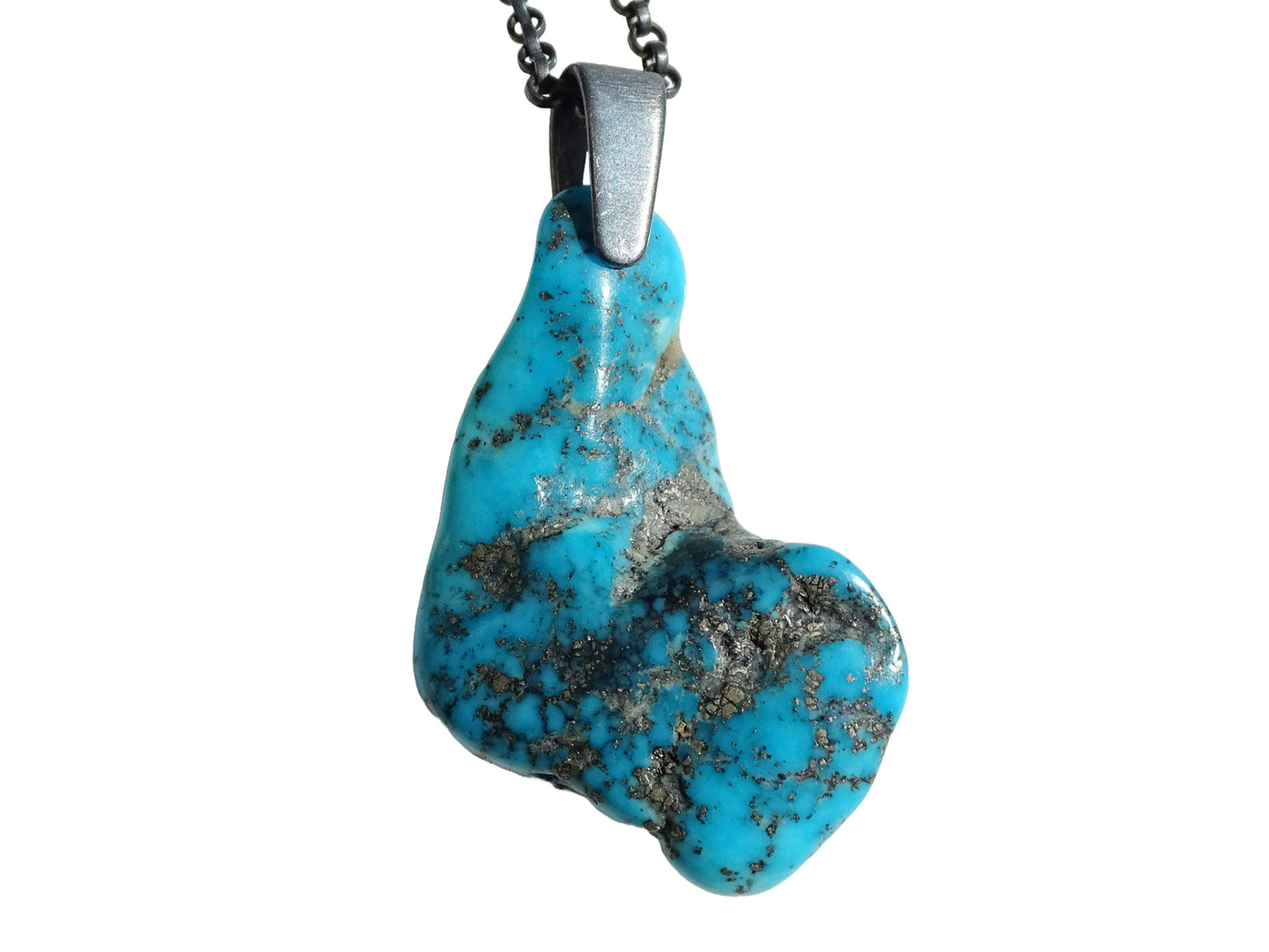 uncut Bisbee turquoise nugget pendant with black sterling silver chain