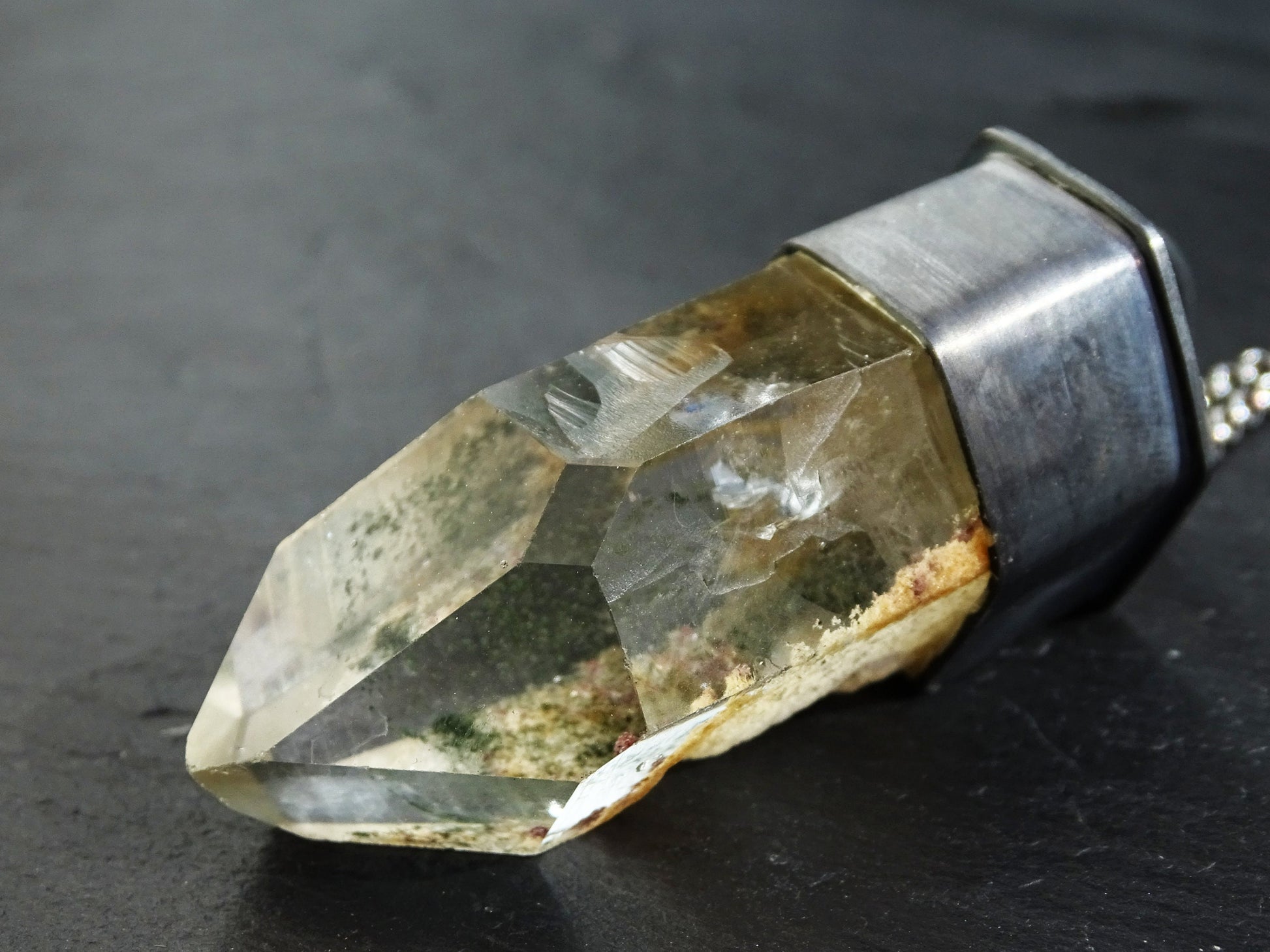 large garden quartz necklace in black silver, inclusion quartz crystal necklace, lodolite crystal jewelry, handmade men's jewelry - CrazyAss Jewelry Designs