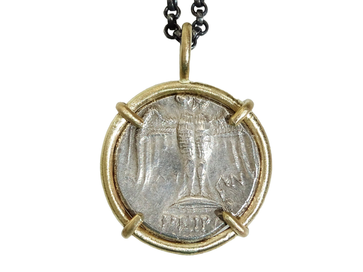 Ancient silver Pontos Amisos drachm coin pendant set in 14k gold with black sterling silver chain