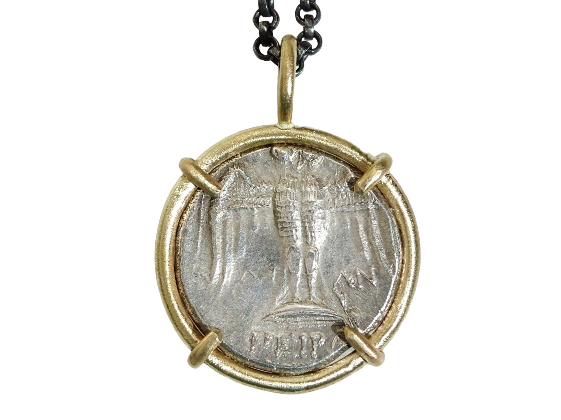 Ancient silver Pontos Amisos drachm coin pendant set in 14k gold with black sterling silver chain