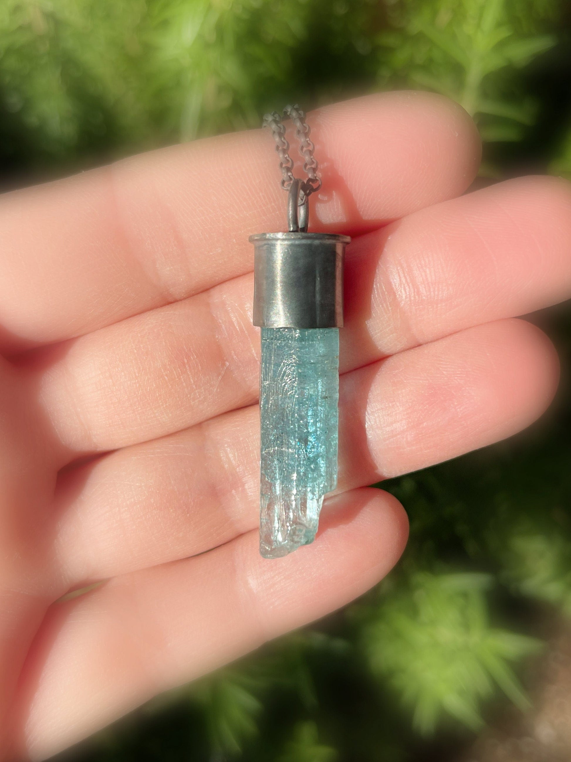 aquamarine pendant black silver necklace March birthstone