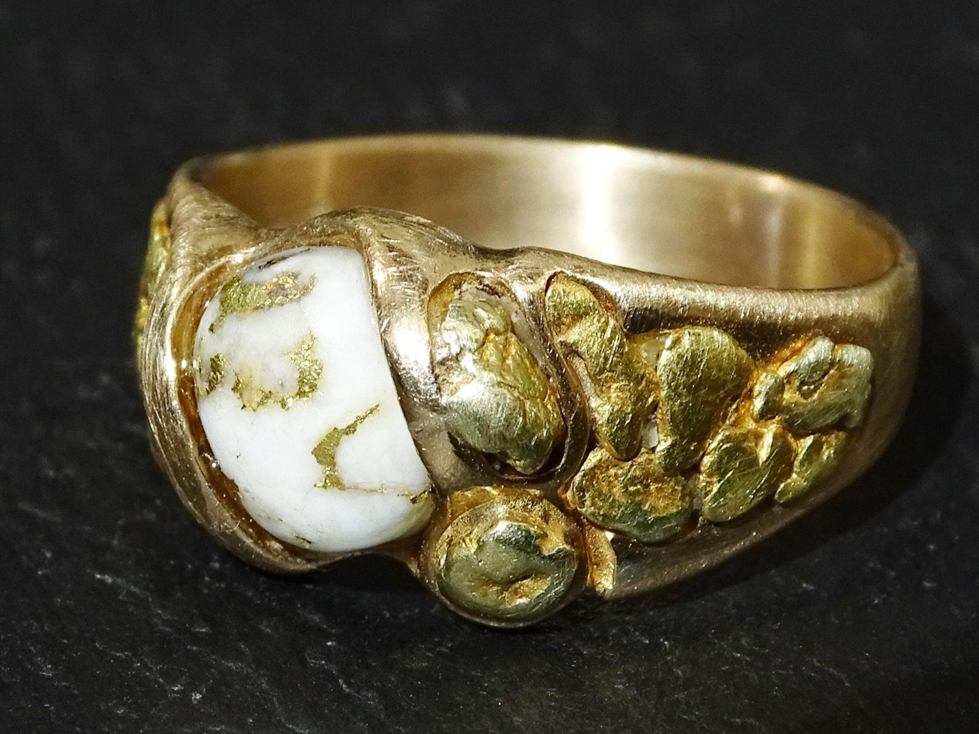 Large 14k gold nugget ring with gold in quartz cabochon and Alaska gold nugget inlays on a matte finished band