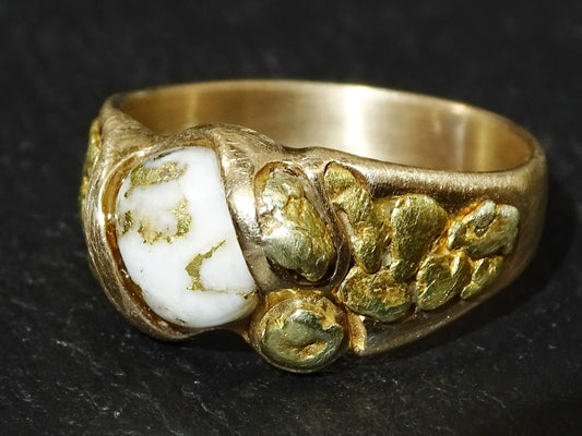 Large 14k gold nugget ring with gold in quartz cabochon and Alaska gold nugget inlays on a matte finished band
