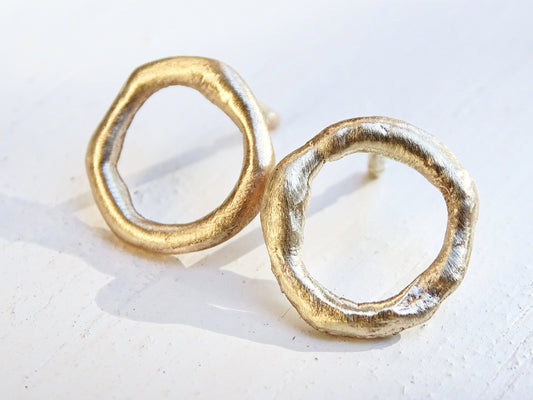 mismatched molten 14k gold stud earrings with organic round shape and rustic texture