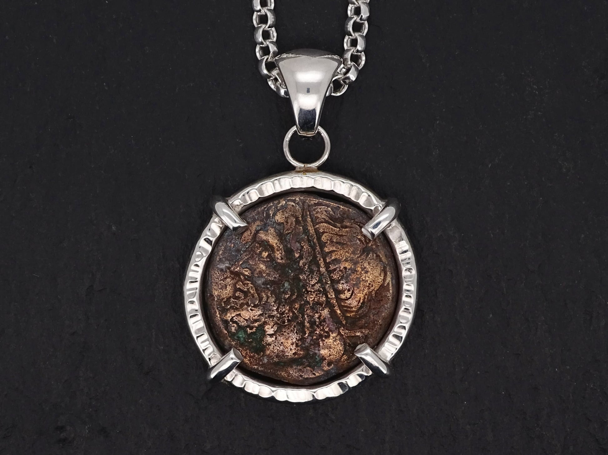 ancient Greek Poseidon coin pendant in sterling silver with authentic 2200-year-old bronze coin and silver chain