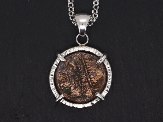 ancient Greek Poseidon coin pendant in sterling silver with authentic 2200-year-old bronze coin and silver chain