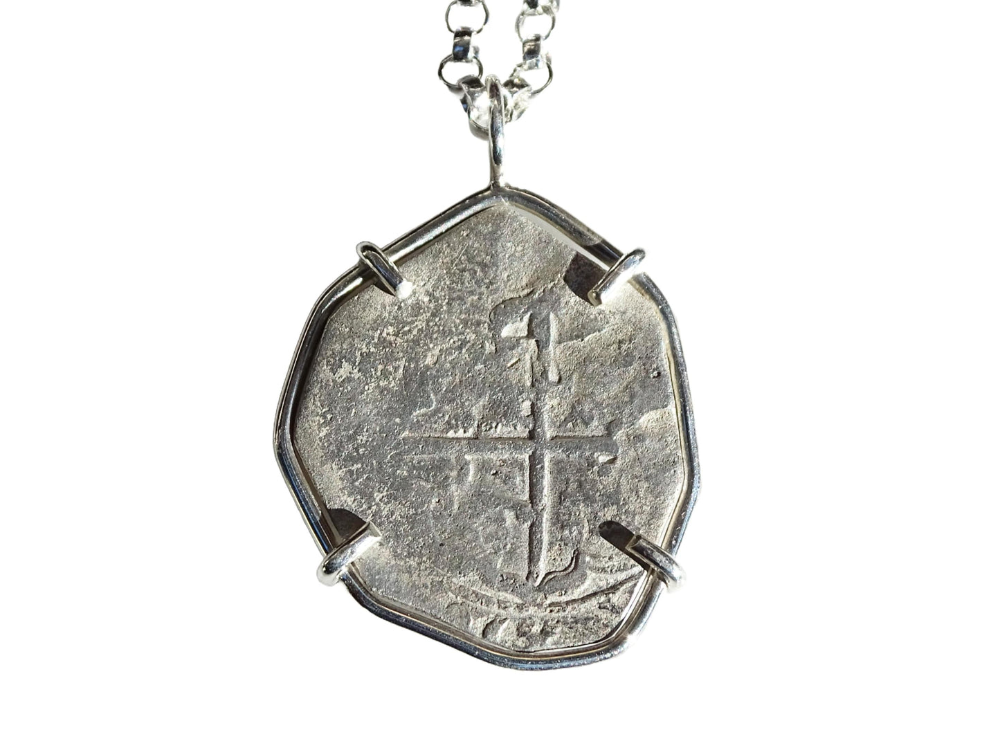 sea salvaged Bolivia silver shipwreck coin pendant with cross design in sterling silver setting