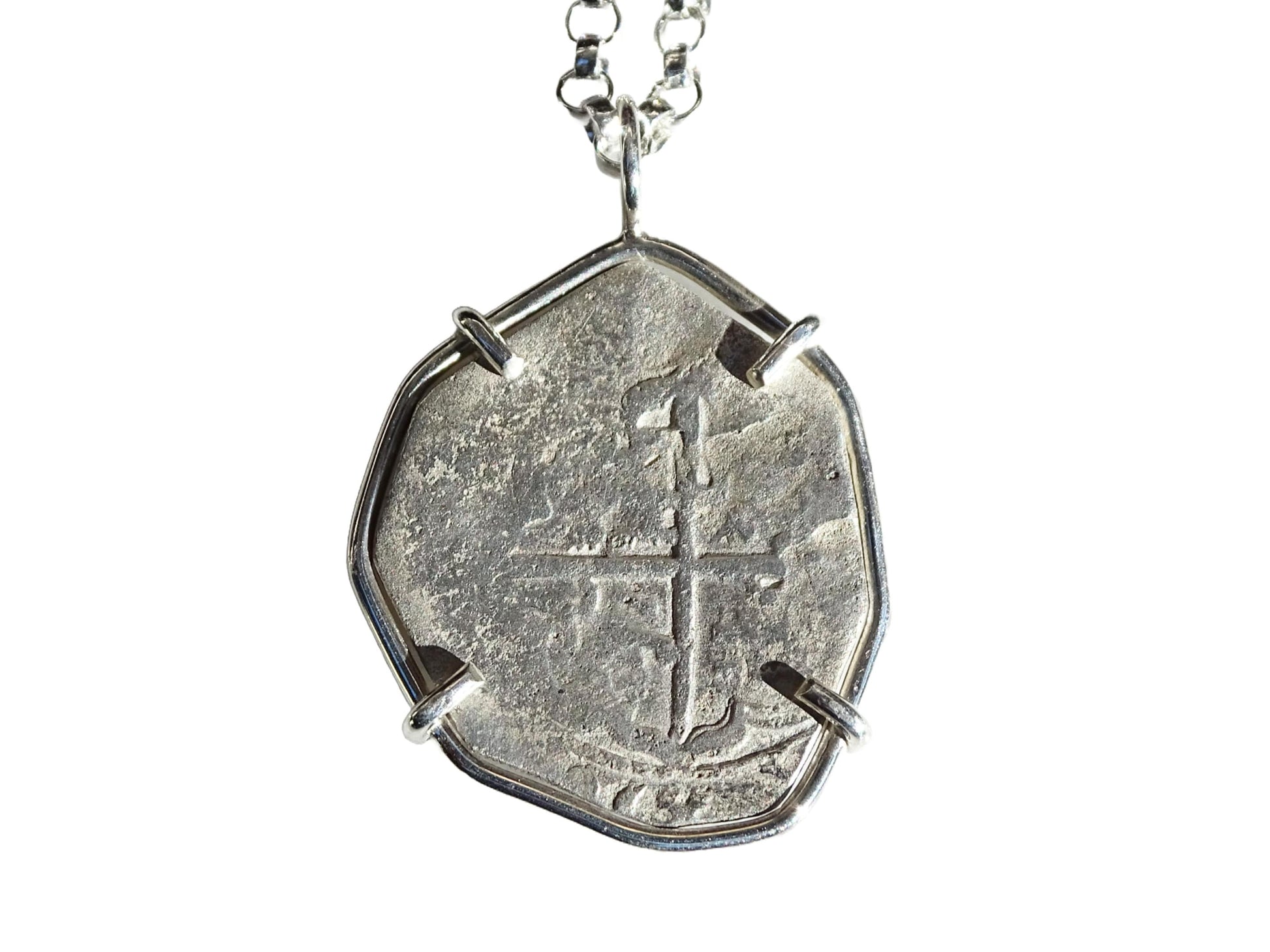 sea salvaged Bolivia silver shipwreck coin pendant with cross design in sterling silver setting
