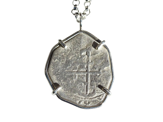 sea salvaged Bolivia silver shipwreck coin pendant with cross design in sterling silver setting