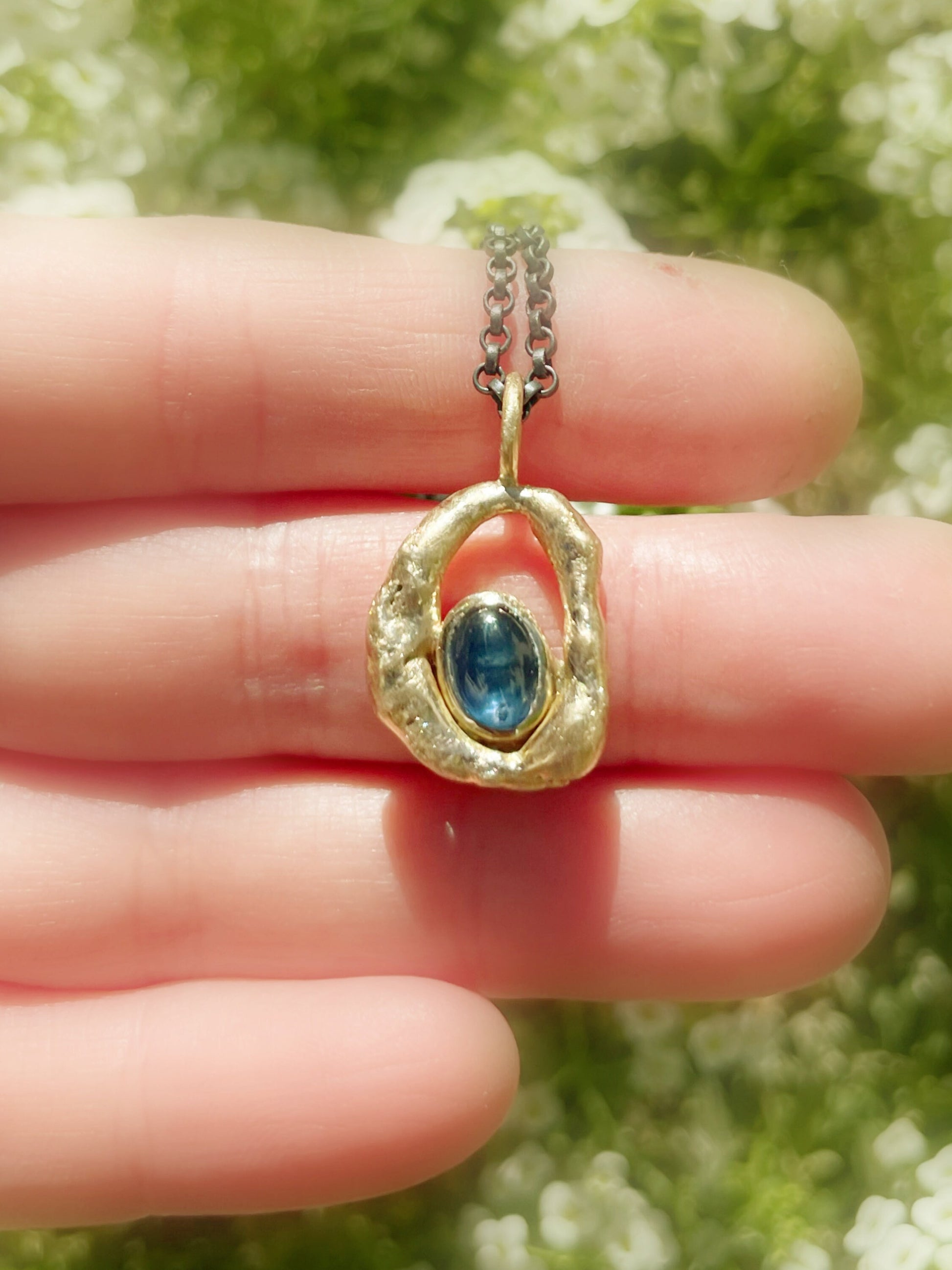 blue sapphire pendant in molten 14k gold - CrazyAss Jewelry Designs