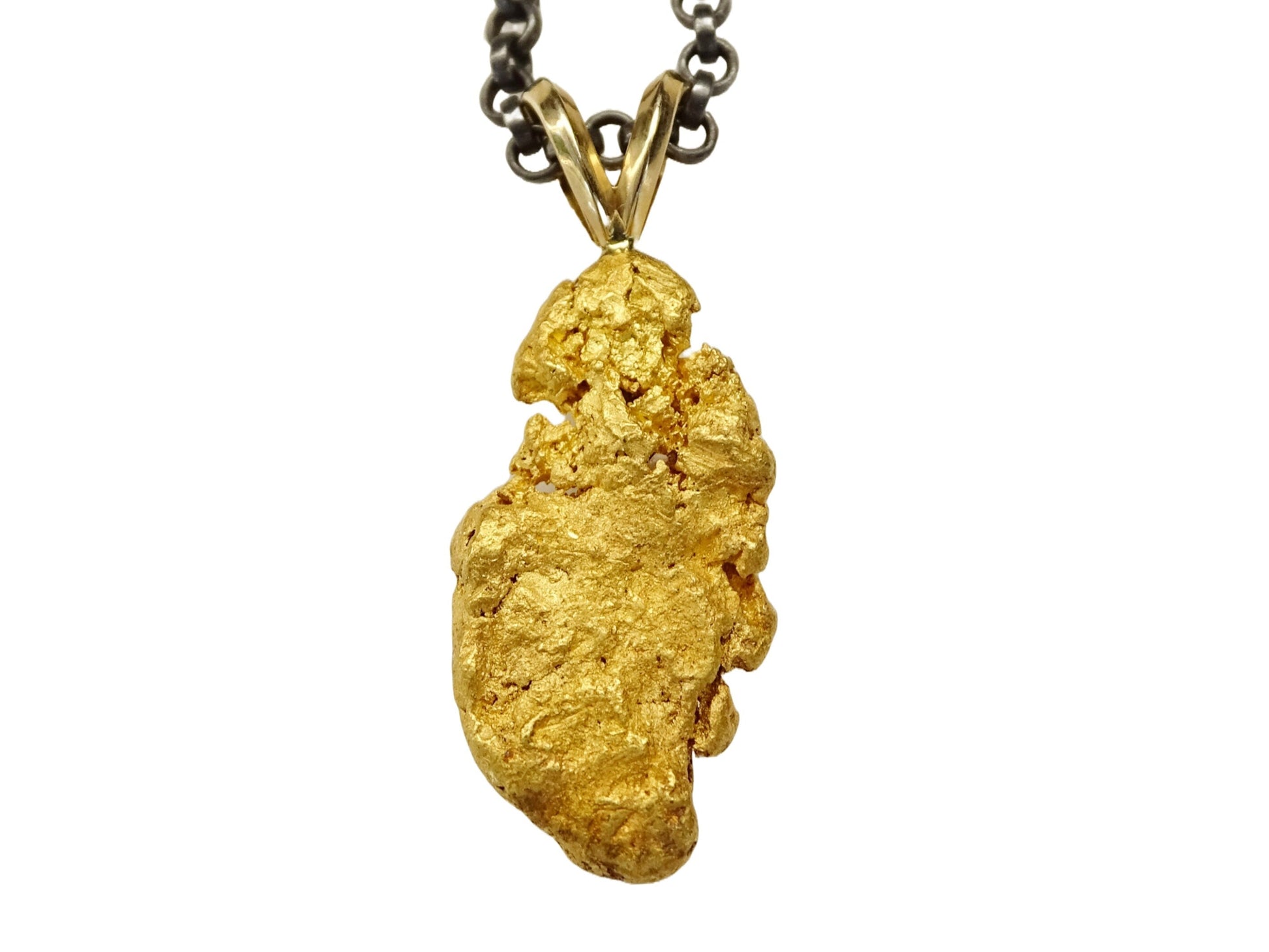 chunky Alaska gold nugget pendant with 14k yellow gold bail on black sterling silver chain