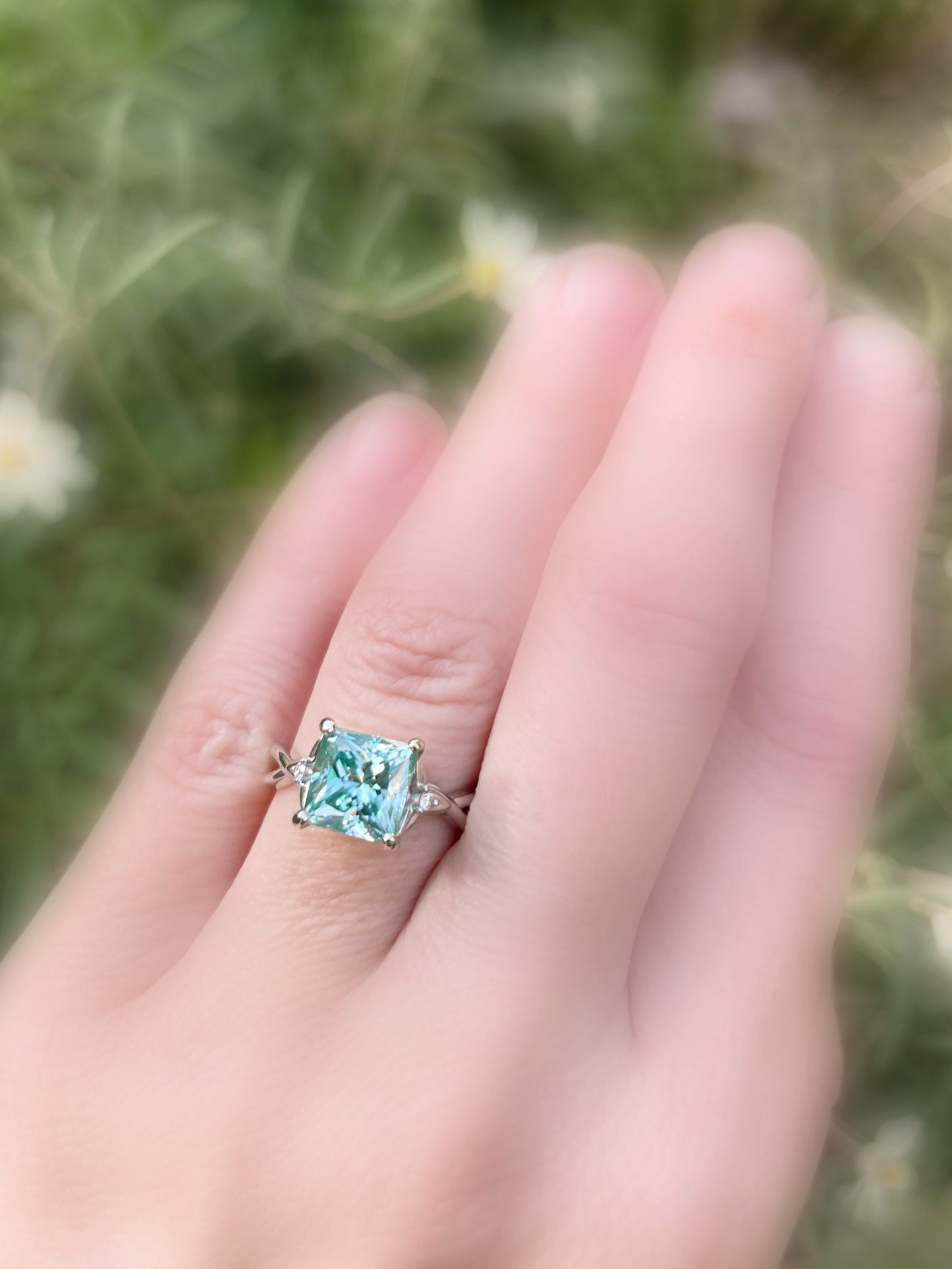 Minimalist 14k white gold ring with a large princess cut blue diamond. Unique engagement ring, and perfect to be worn every day. Wear it alone or stacked with other