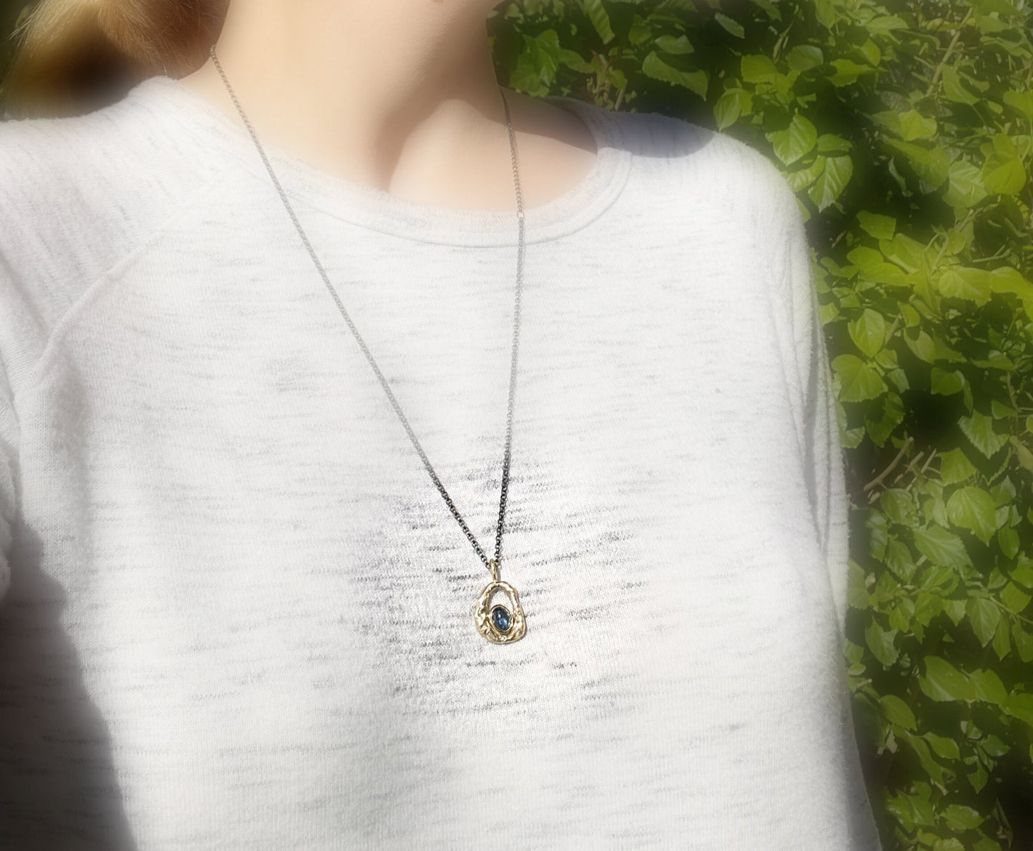 blue sapphire pendant in molten 14k gold - CrazyAss Jewelry Designs