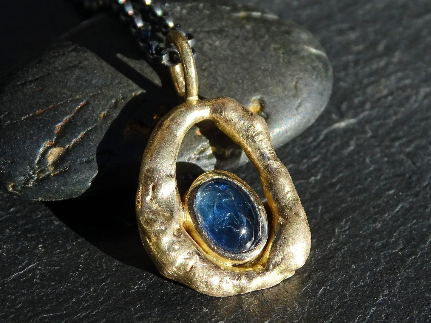 blue sapphire pendant in molten 14k gold - CrazyAss Jewelry Designs