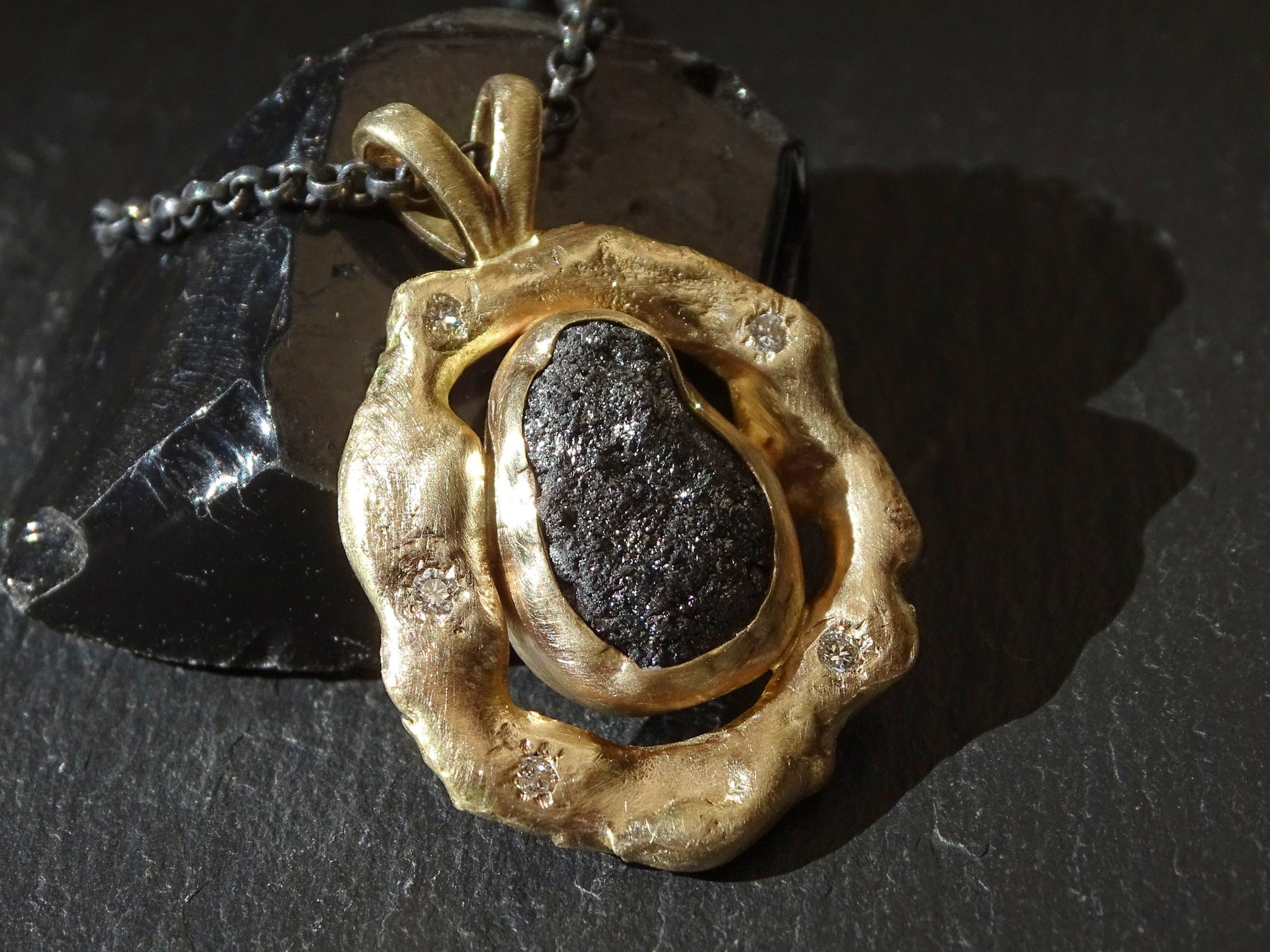 large raw black diamond pendant in 14k gold - CrazyAss Jewelry Designs