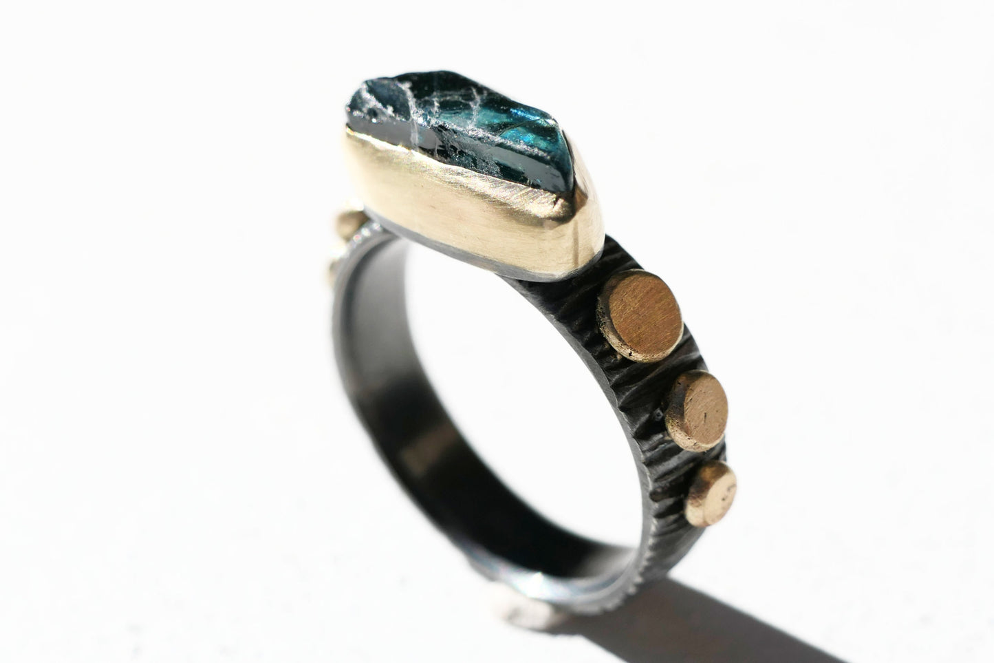 blue sapphire engagement ring in 14k gold and black silver, size 7 1/4 - CrazyAss Jewelry Designs