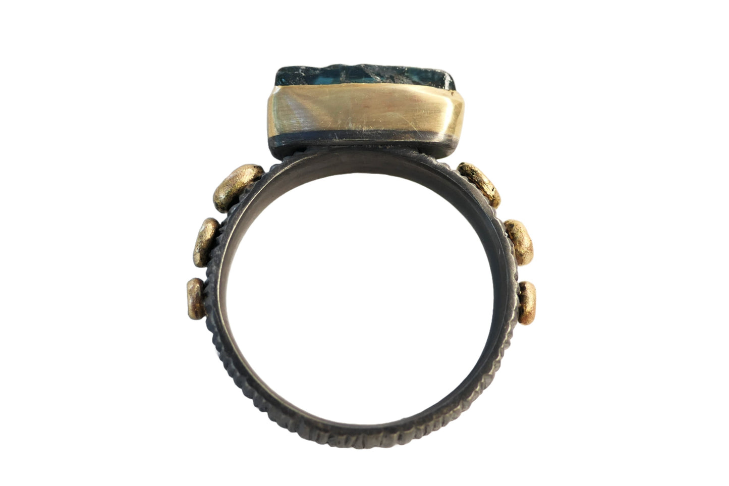 blue sapphire engagement ring in 14k gold and black silver, size 7 1/4 - CrazyAss Jewelry Designs