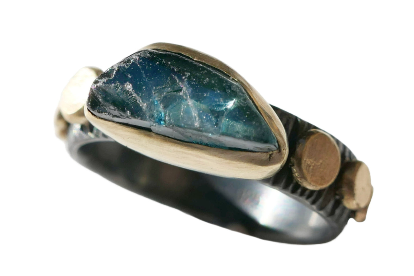 blue sapphire engagement ring in 14k gold and black silver, size 7 1/4 - CrazyAss Jewelry Designs