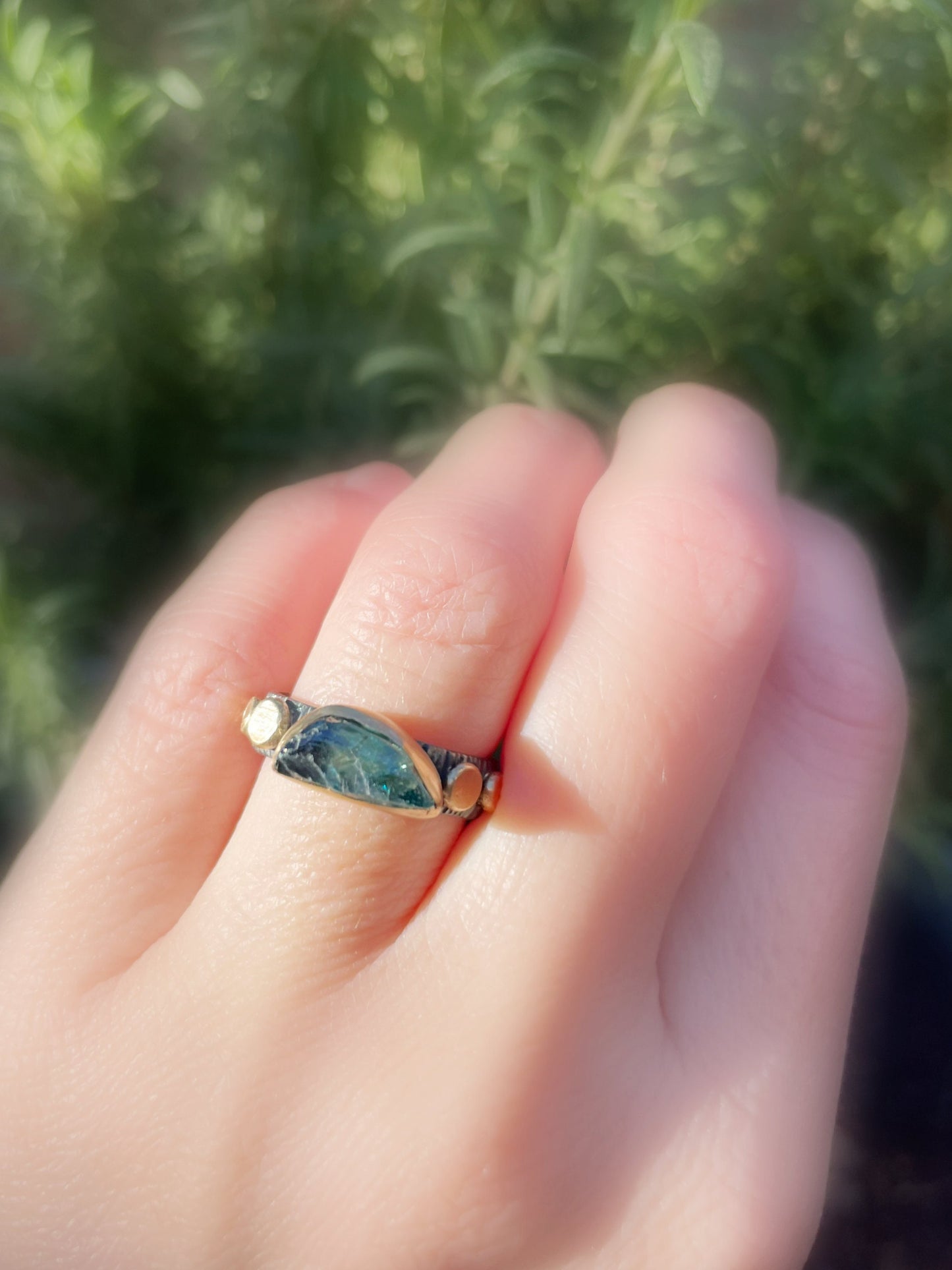 blue sapphire engagement ring in 14k gold and black silver, size 7 1/4 - CrazyAss Jewelry Designs