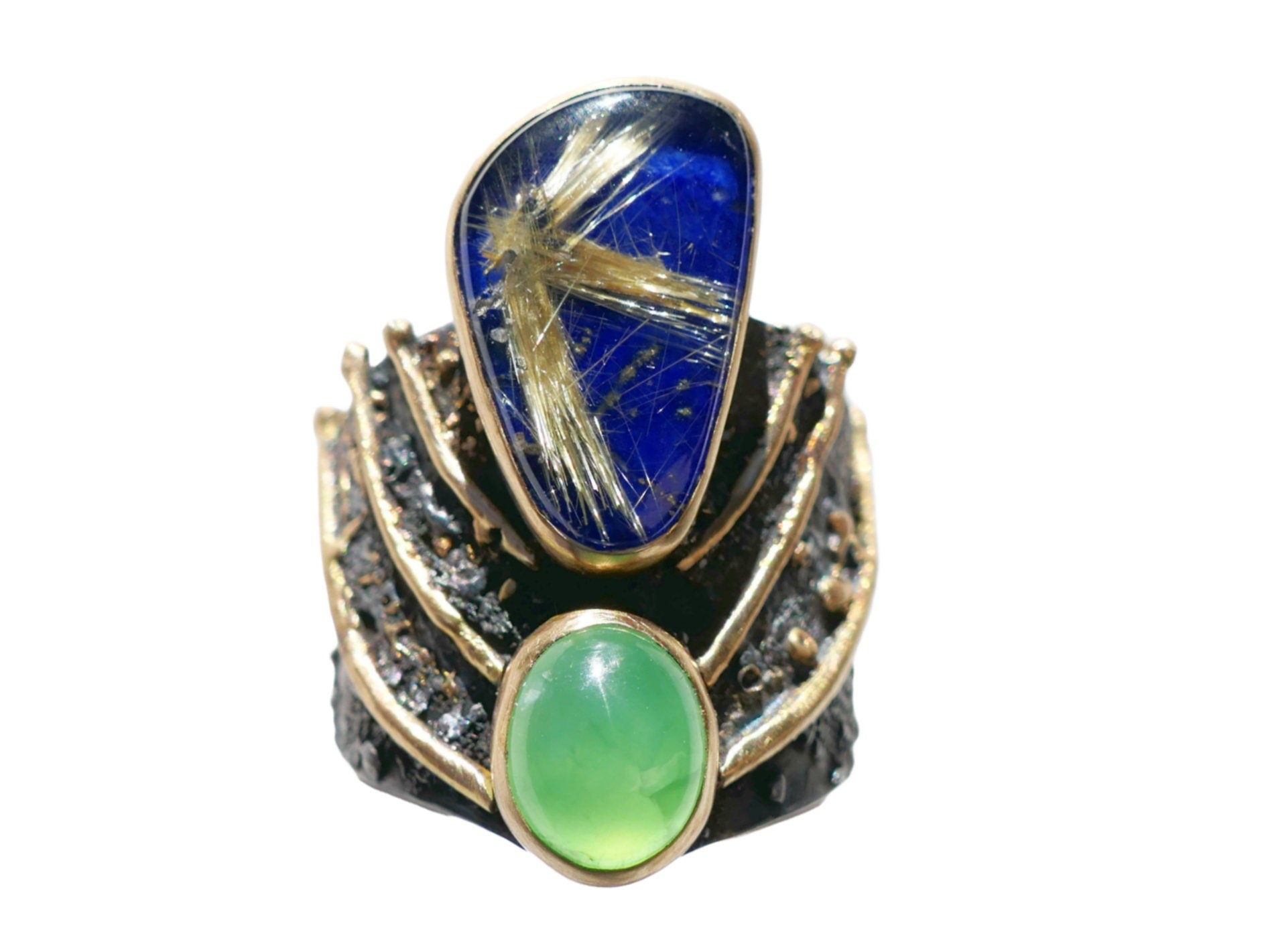 Large handcrafted silver statement ring with gold accents featuring lapis lazuli and green jade gemstones