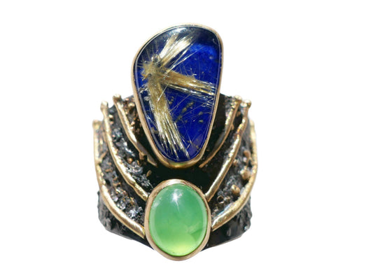 Large handcrafted silver statement ring with gold accents featuring lapis lazuli and green jade gemstones